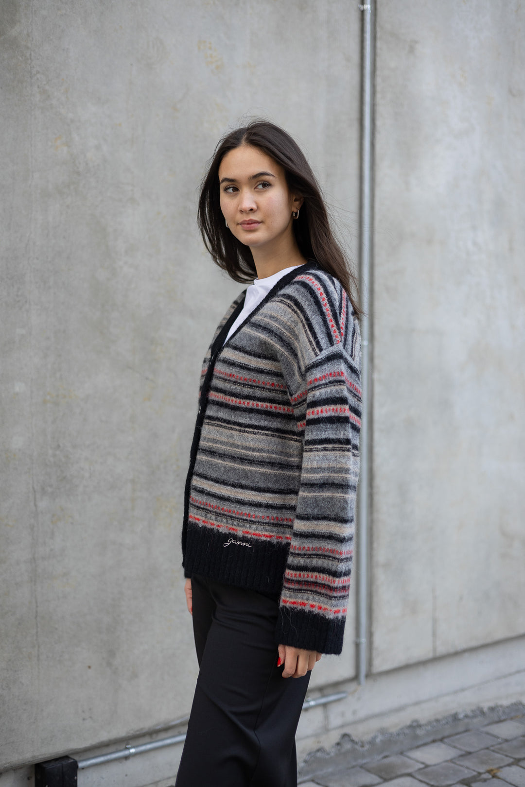 GANNI Soft Wool Stripe Boxy Cardigan