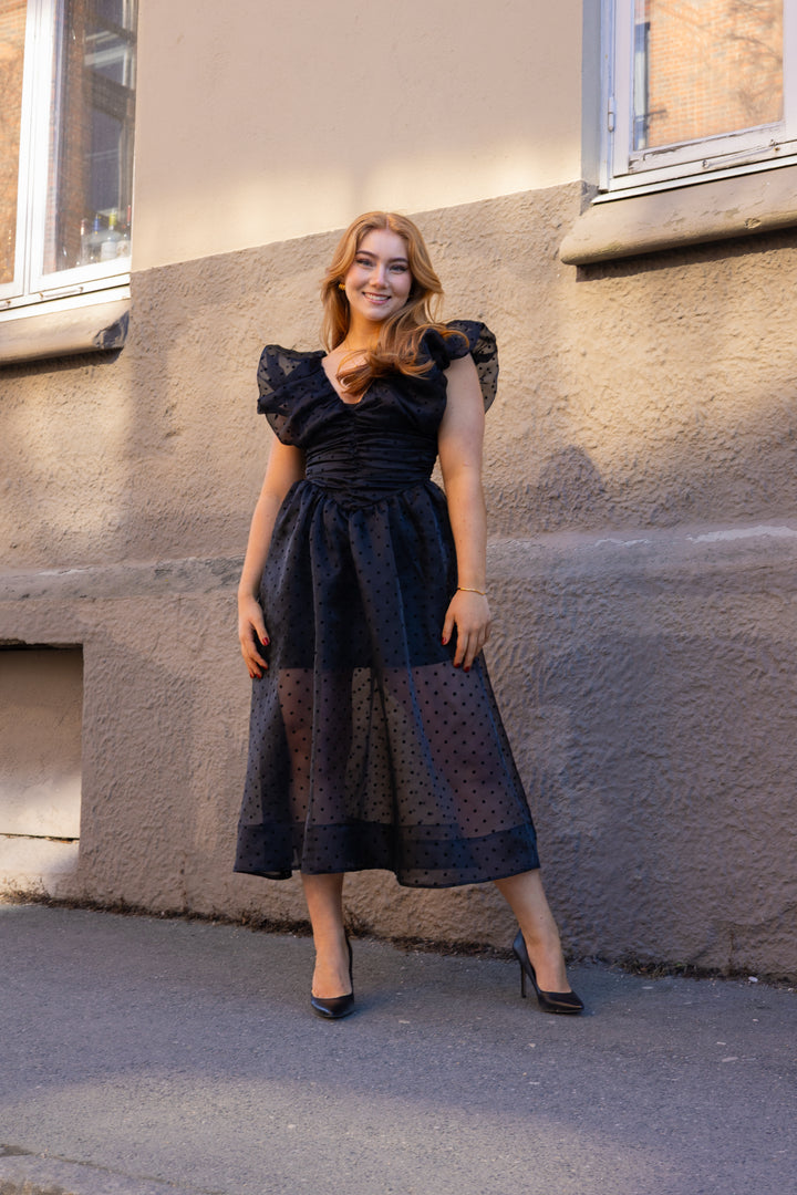Flocked Organza Long Ruched Dress