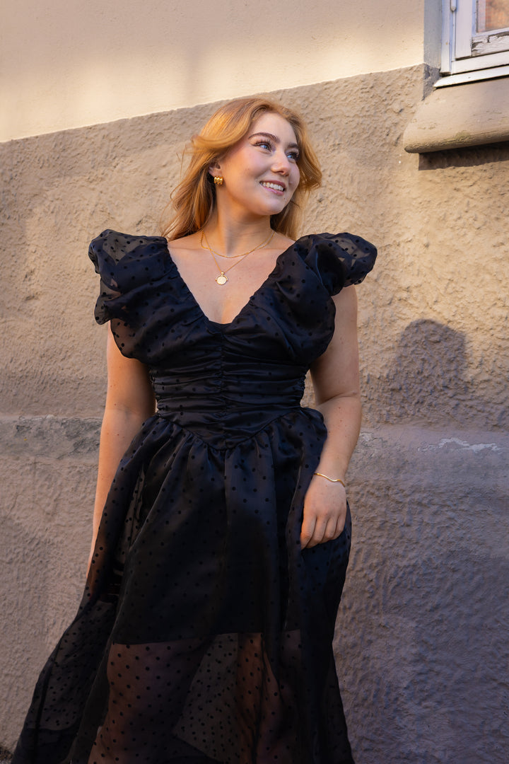 Flocked Organza Long Ruched Dress