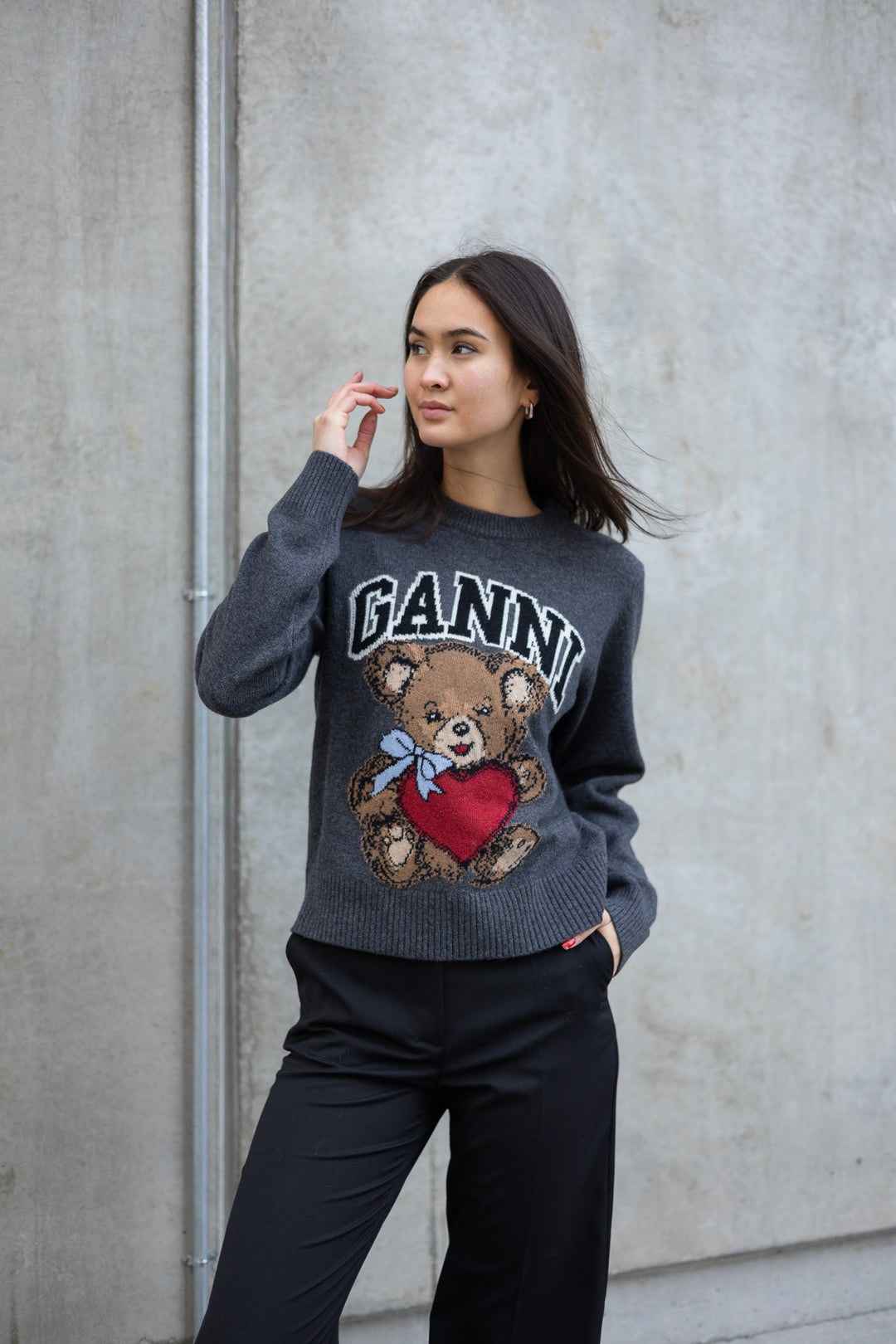 GANNI Graphic Wool Mix Bear Crewneck