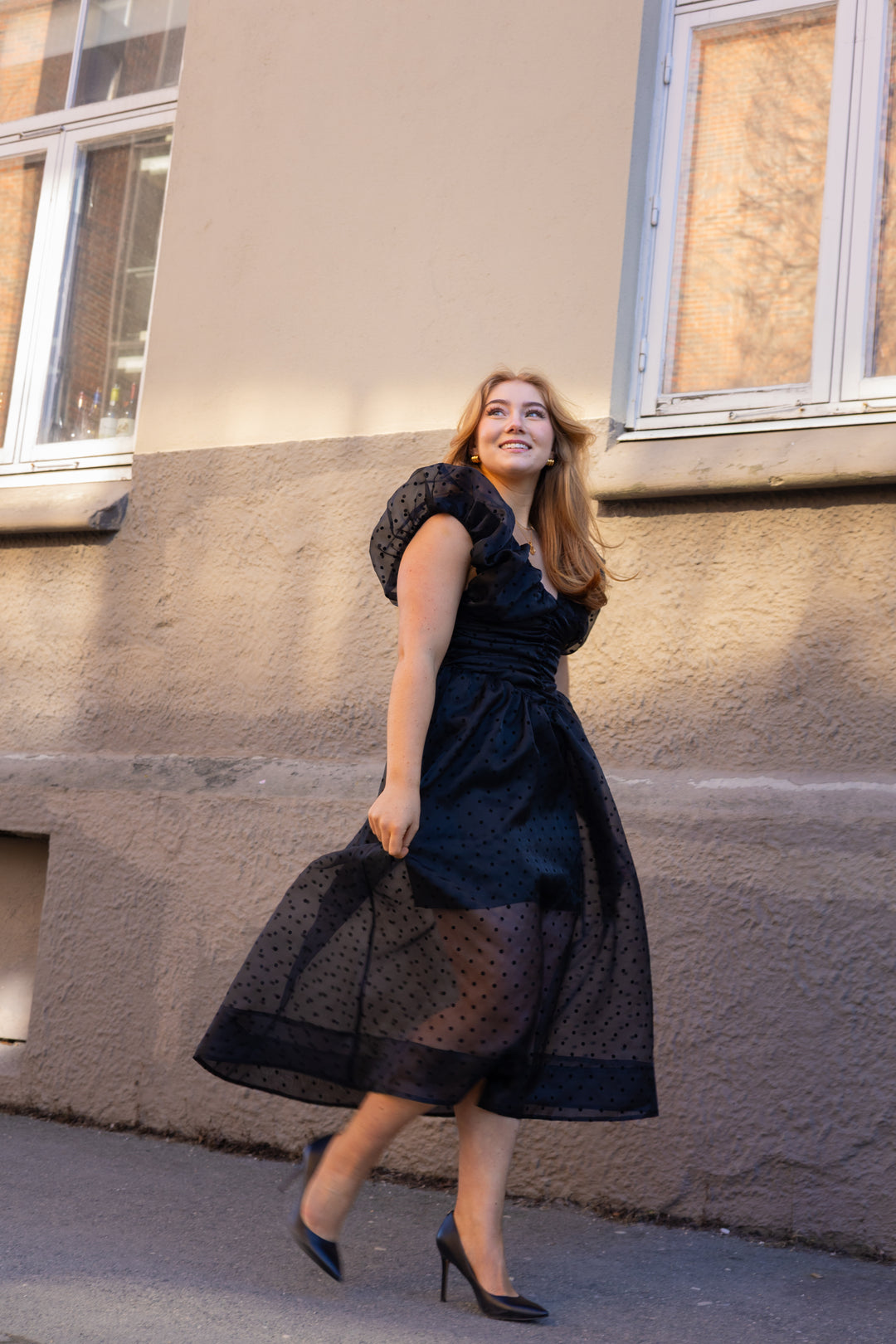 Flocked Organza Long Ruched Dress