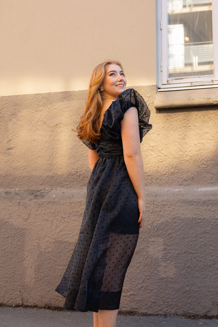 Flocked Organza Long Ruched Dress
