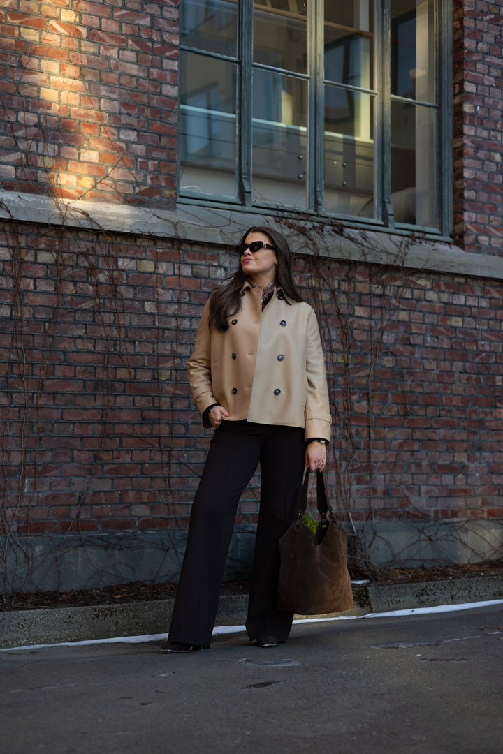 Women oversized short trench light pressed wool