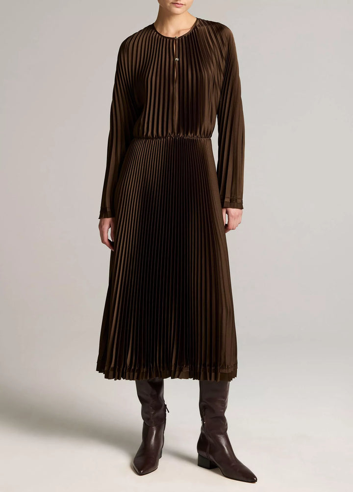 PLEATED L/S DRESS W/ CONTRAST HEM