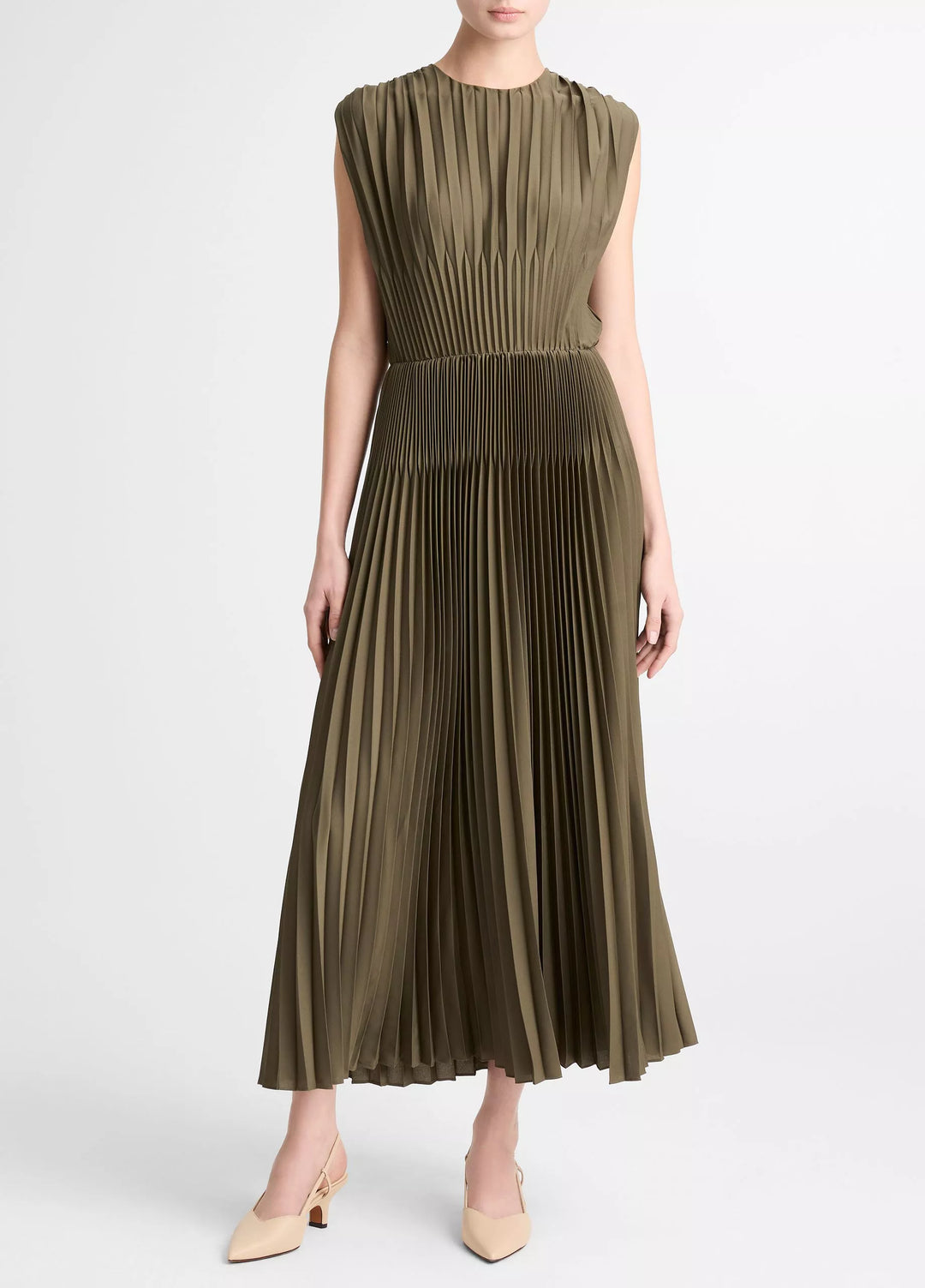 CHEVRON PLEATED CREW NK DRESS