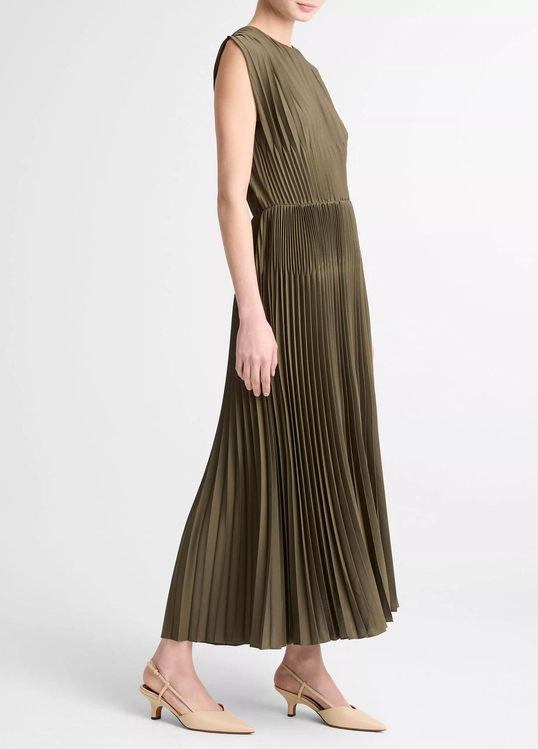 CHEVRON PLEATED CREW NK DRESS
